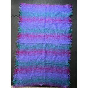 Vintage Avoca Weavers Ireland Throw Blanket Plaid Fringed Mohair Wool Purple blu